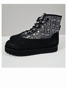 Larroude Vail Tweed Ankle Boots Black White Leather Lace Up Platform Womens 9